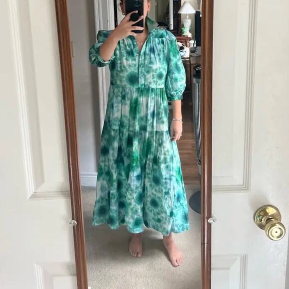 Hunter Bell Green Babydoll Maxi Dress XS Boho Tiered Ruffle Cottage Cotton $400 - Picture 5 of 11